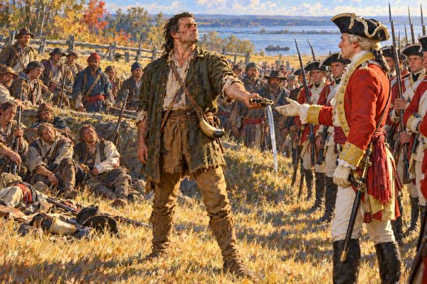 In a field by a ditch, a huge hatless man holds out his sword hilt first to an officer in a red coat, with tired countrymen in the ditch behind him and redcoats and militia with fixed bayonets closing in.