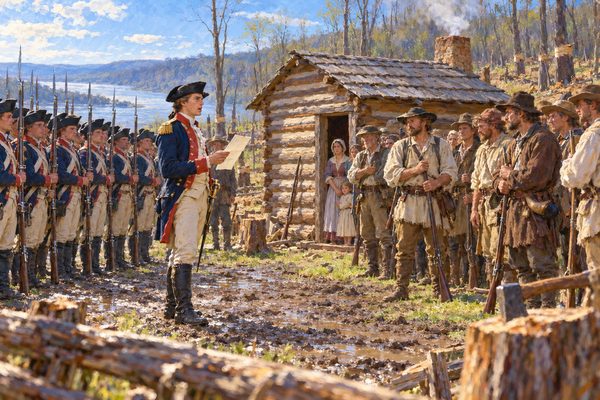 In a muddy clearing by a log cabin, a young officer in a blue coat holds a paper open and reads aloud to a line of armed settlers in hunting shirts, while soldiers with grounded muskets stand in ranks behind him.