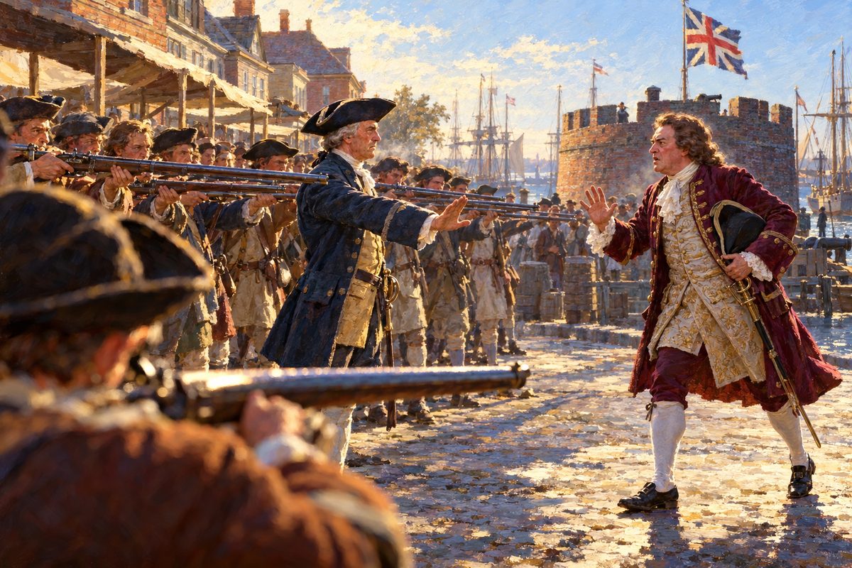 On a cold harbor-front street a line of townsmen in plain coats and hats levels muskets across the open ground at a periwigged governor, stopped mid-stride with one hand up, while a grey-wigged colonel holds out a flat palm.