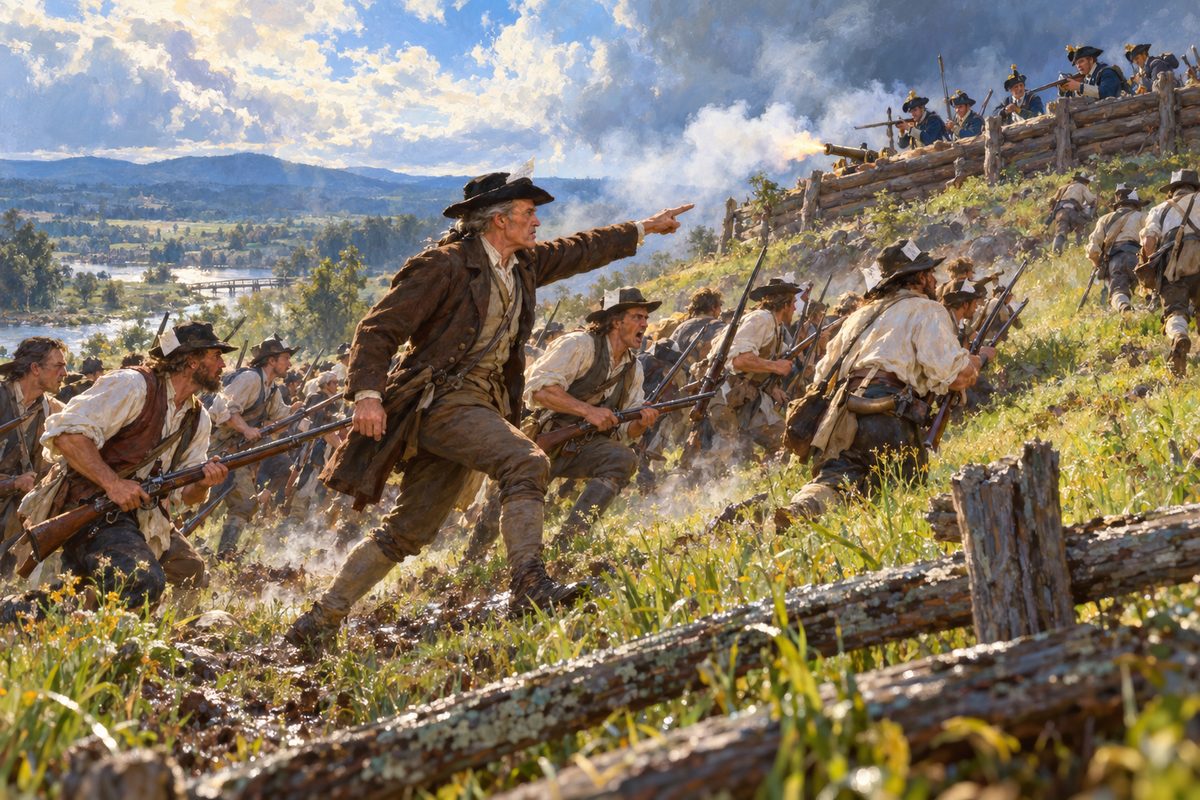 A lean man in plain clothes strides uphill pointing at a log fort on the crest, while farmers in shirtsleeves with paper in their hats run up the slope behind him, and white smoke drifts from the fort.