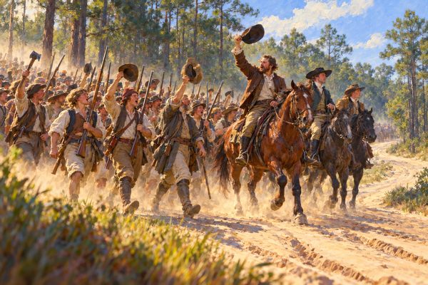 A dense column of farmers in linen shirts and wool coats marches along a sandy road through tall pines, guns on shoulders, hats raised, a rider at the head turning to shout back at them, dust rising in afternoon sun.