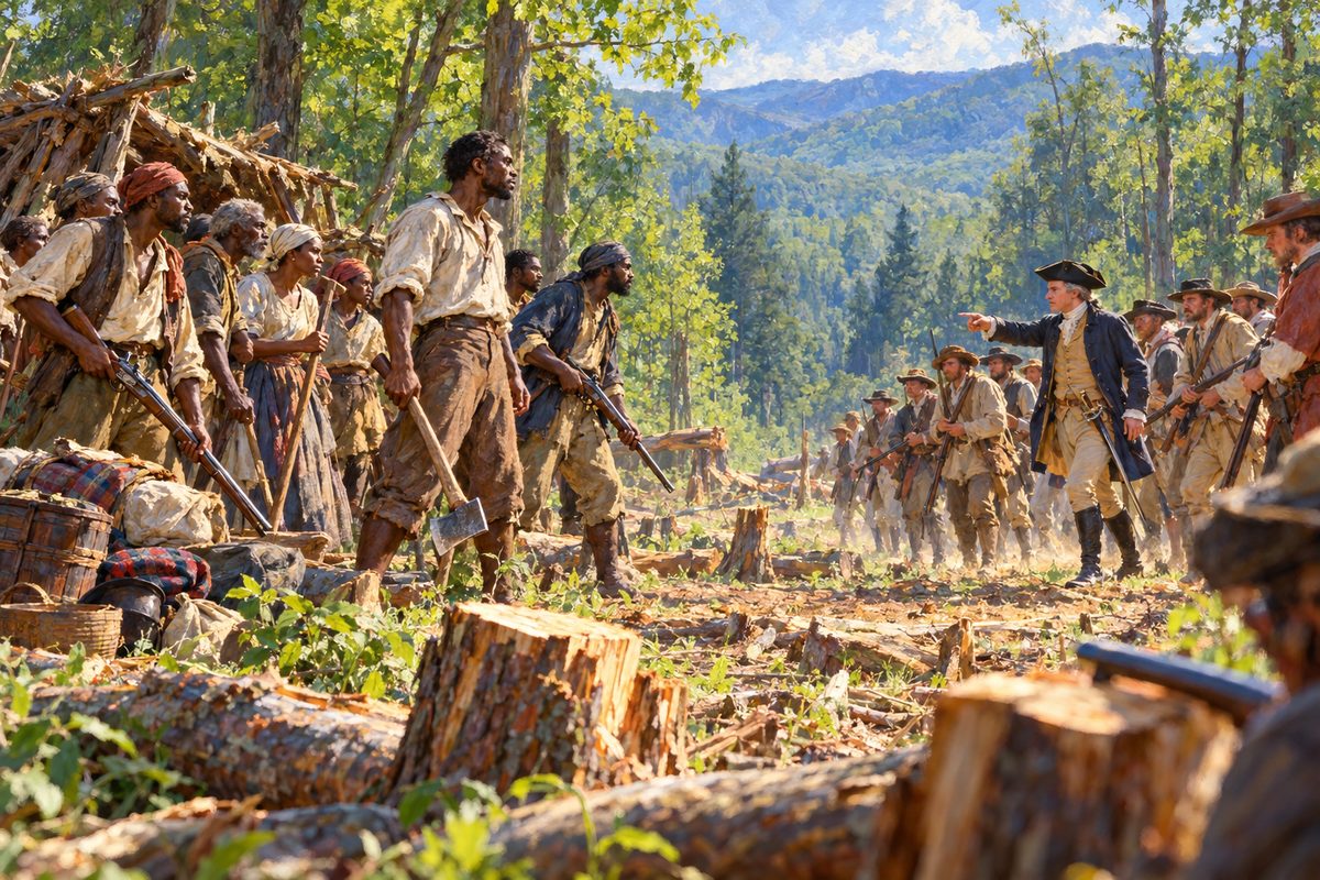 At the edge of a half-cleared mountain plot, a band of Black men and women in plain work clothes hold axes, hoes and two guns pointed down, facing armed white men who come out of the forest toward them in spring light.