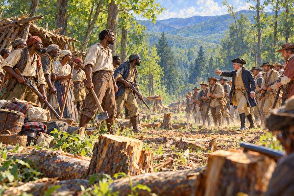 At the edge of a half-cleared mountain plot, a band of Black men and women in plain work clothes hold axes, hoes and two guns pointed down, facing armed white men who come out of the forest toward them in spring light.