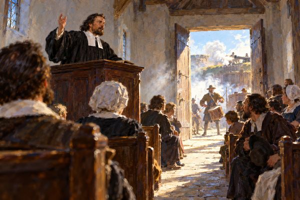 Inside a plain stone church, a dark-gowned minister at a wooden pulpit raises a hand while worshippers turn to the bright open doors, where a soldier beats a drum in drifting smoke.