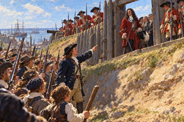 A young man in a dark coat points up an earth bank at a periwigged governor in red at a gate, with a crowd of armed townsmen behind him and red-coated soldiers standing with grounded muskets on the top.