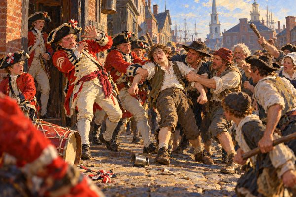 On a Boston street, townspeople pull a dazed young man in shirt sleeves away from two soldiers in red coats, while a sergeant staggers back with his arm raised and a drum lies kicked over on the cobbles.