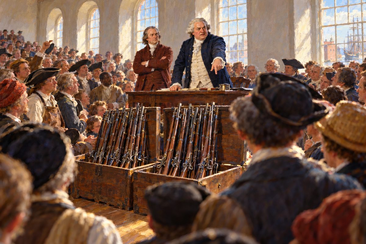 In a long plain hall crowded with men, a stout man in a blue coat and white wig points down at two open chests of upright muskets, a plainly dressed man beside him with folded arms, tall arched windows behind.
