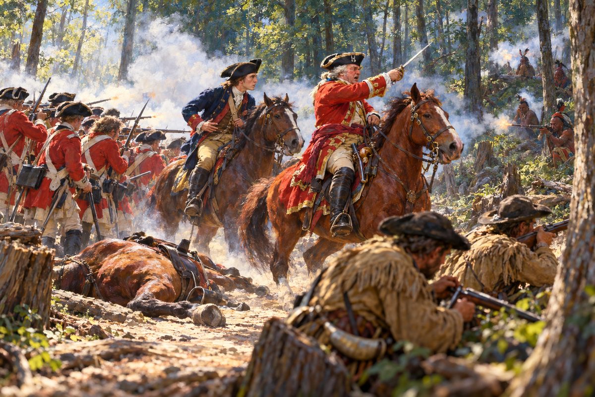 A stout general in a red coat and a young officer in dark blue sit their horses in a forest road among red-coated soldiers firing across it, with white smoke in the trees and a dead horse in the dust.