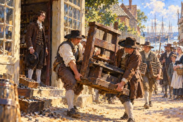 A young man in a plain brown coat stands on a shop doorstep in a sunlit street of brick and timber houses, watching officers carry a heavy wooden printing press and cases of type down the steps.