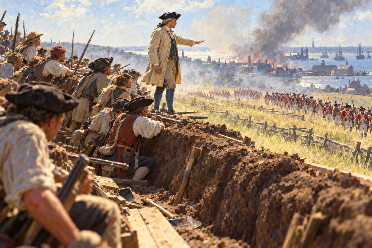 Inside an earthen fort, a lean officer in a pale loose coat stands on the wall with one hand out flat, and militiamen rest long guns on the parapet as lines of redcoats climb a hay-covered hill under smoke.