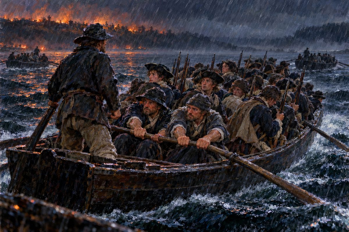 In rain at night, two fishermen row a crowded open boat across a dark river while a third steers from the stern, and soldiers with upright muskets sit packed between them, looking back at a distant glow.