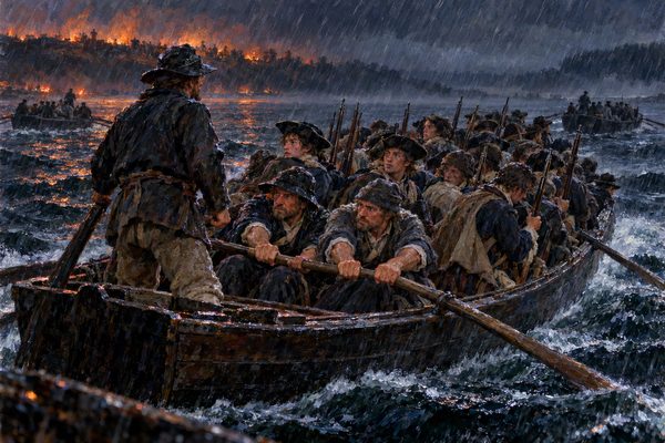 In rain at night, two fishermen row a crowded open boat across a dark river while a third steers from the stern, and soldiers with upright muskets sit packed between them, looking back at a distant glow.