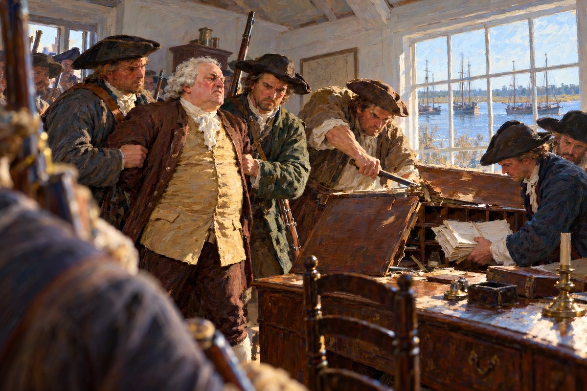 In a plain timber room, armed men in coats and felt hats hold a stout man in a grey wig by the arms while another forces open a writing desk and pulls out papers, three vessels' masts in the window behind.