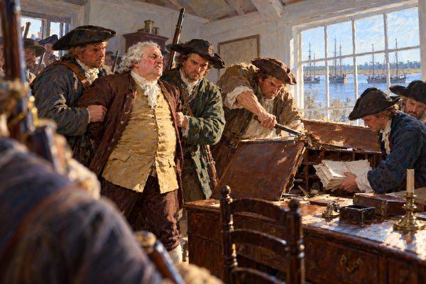 In a plain timber room, armed men in coats and felt hats hold a stout man in a grey wig by the arms while another forces open a writing desk and pulls out papers, three vessels’ masts in the window behind.