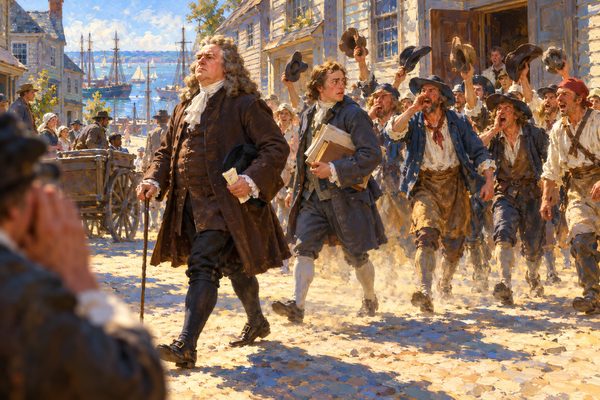 A stout man in a long wig and brown coat walks stiffly down a dusty street with a clerk, while a crowd of workmen behind him hoots and waves their hats, with a harbor and ship masts at the end of the street.