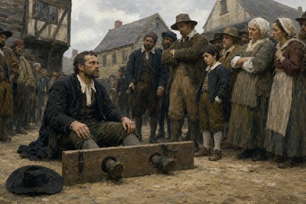 A bareheaded man in a plain dark coat sits on the dirt street with his ankles locked in wooden stocks, looking calmly up at a half circle of townspeople in wool clothes before timber-framed houses.