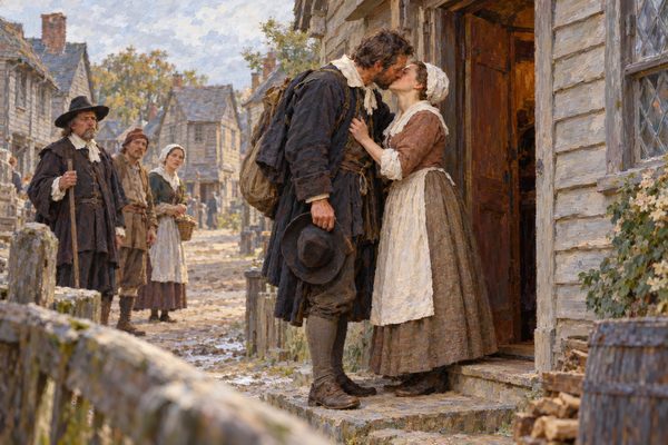 A bareheaded man in a plain dark coat sits on the dirt street with his ankles locked in wooden stocks, looking calmly up at a half circle of townspeople in wool clothes before timber-framed houses.