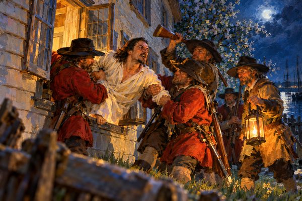 At night in a lantern's glow, soldiers in coats and broad hats drag a barefoot man in a white nightshirt out through a house window while one raises a musket butt.