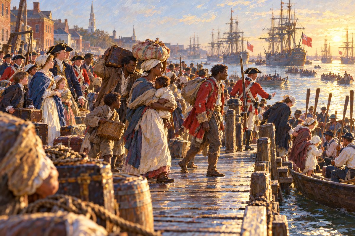 On a long wooden wharf at sunrise, Loyalist families, red-coated soldiers and Black men, women and children carry trunks and bundles toward a boat at the steps, with tall ships at anchor in the harbor beyond.