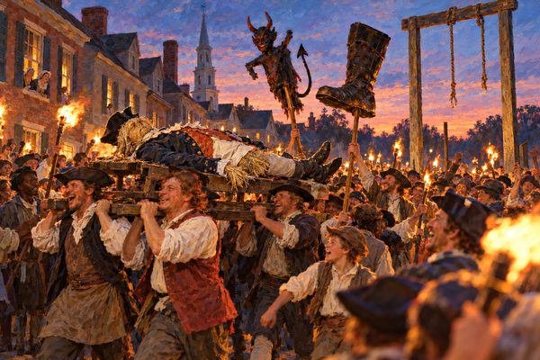At dusk in a torchlit street, six men carry a stuffed figure in a gentleman's coat on a bier, a horned devil and a huge boot on poles above the crowd, a tall empty gallows behind them.