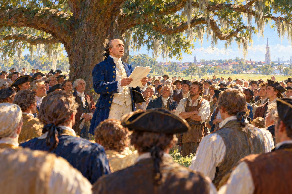 In the shade of a huge moss-hung oak, a bald man in a blue coat and pale waistcoat holds up a paper and reads aloud to a packed crowd of gentlemen and craftsmen, some with hats in hand.
