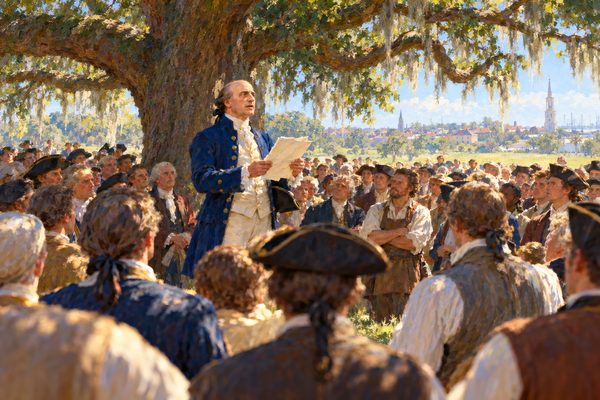 In the shade of a huge moss-hung oak, a bald man in a blue coat and pale waistcoat holds up a paper and reads aloud to a packed crowd of gentlemen and craftsmen, some with hats in hand.