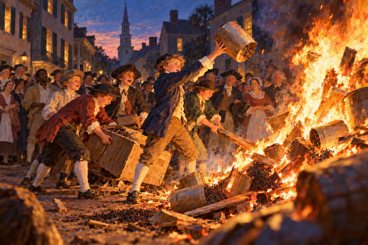 At dusk in a Charleston street, schoolboys in small coats and round hats drag a splintered tea chest and throw a canister into a roaring bonfire while townspeople watch from behind.