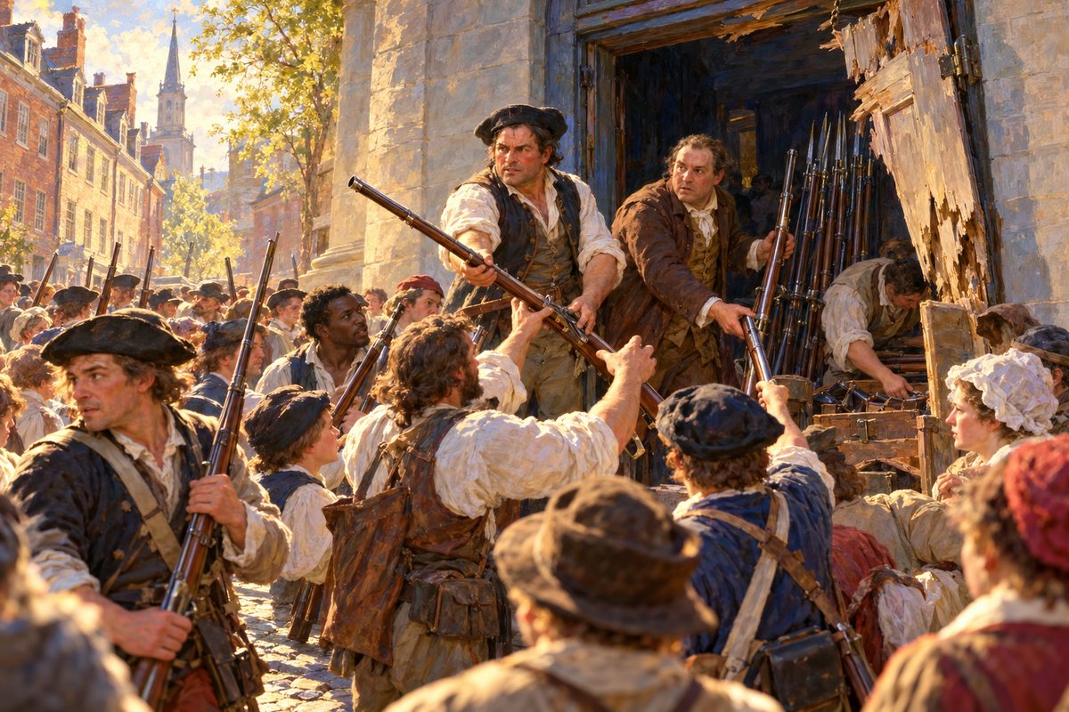 Two stout men in shirtsleeves stand in a smashed stone doorway handing long muskets to a crowd of artisans and sailors whose hands reach up, while the first men walk off with guns on their shoulders.