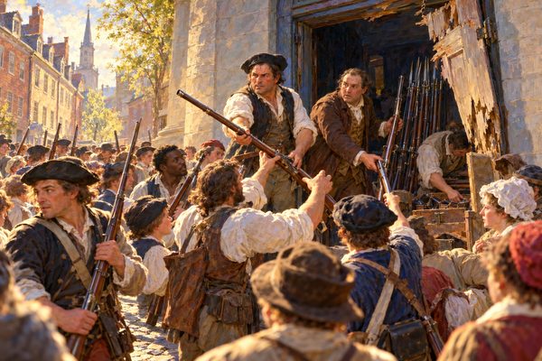 Two stout men in shirtsleeves stand in a smashed stone doorway handing long muskets to a crowd of artisans and sailors whose hands reach up, while the first men walk off with guns on their shoulders.