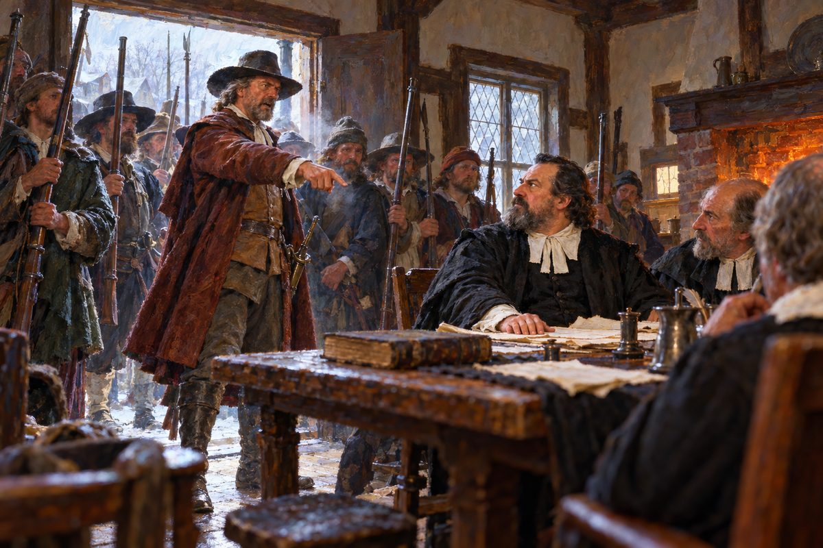 In a small timber-framed room, a man in a doorway points at three seated magistrates behind a table, while armed men with muskets and pikes crowd in behind him in cold grey light.