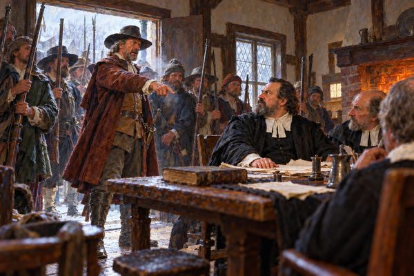 In a small timber-framed room, a man in a doorway points at three seated magistrates behind a table, while armed men with muskets and pikes crowd in behind him in cold grey light.