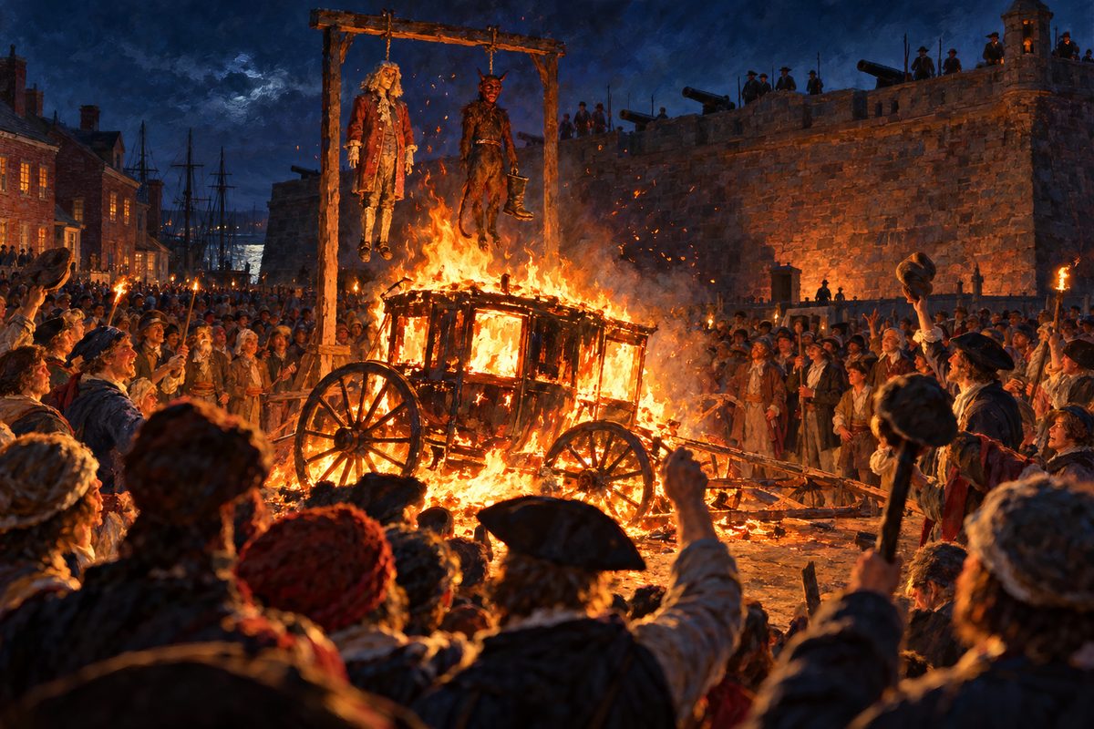 At night a closed coach burns on a green, flames lighting a ring of packed faces and two effigies hanging from a wooden gibbet, with the dark ramparts and gun muzzles of a stone fort looming behind and sparks rising.