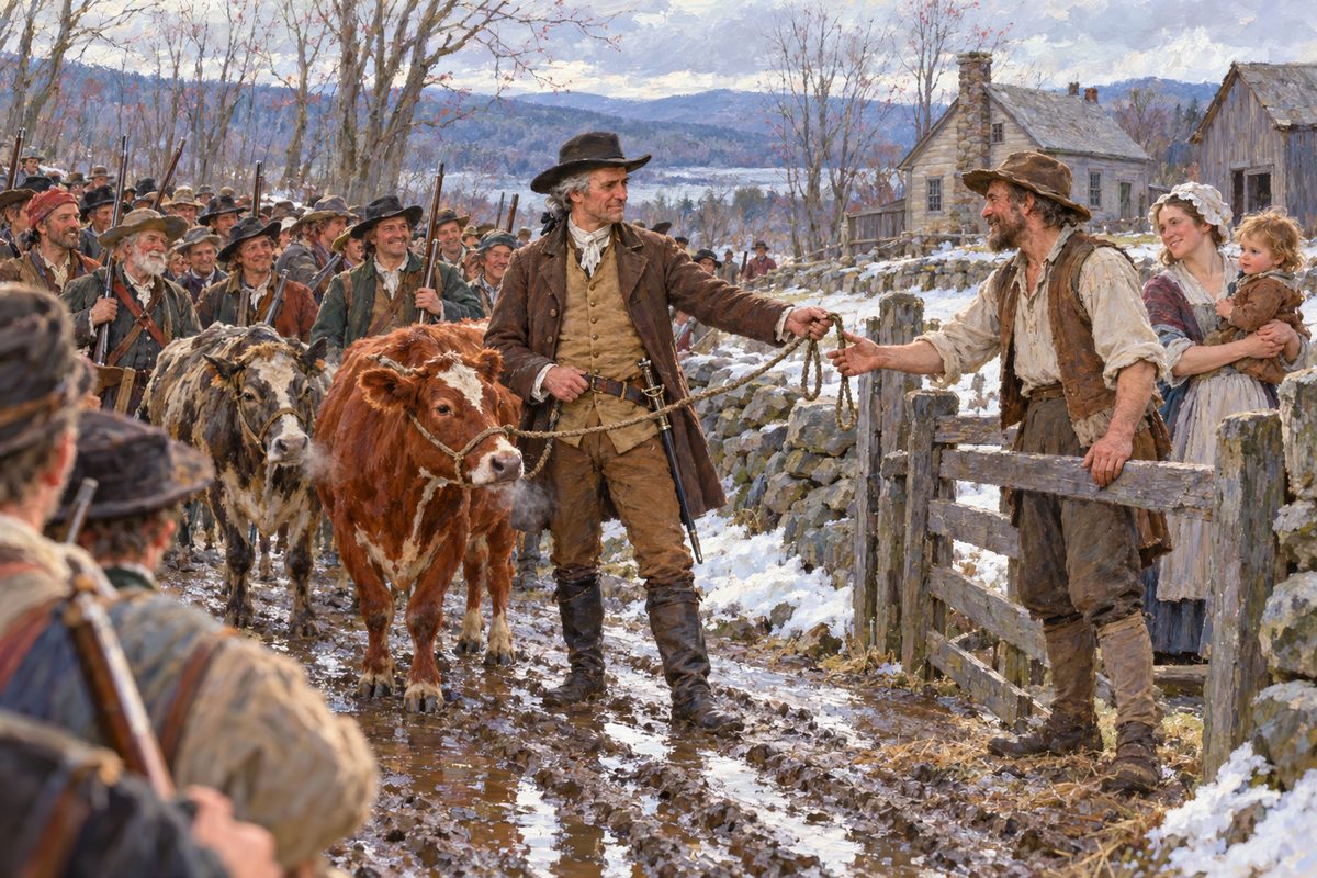 At a muddy farm gate in early spring, a man in a plain coat hands the halter rope of a red cow to a smiling farmer, while a crowd of men with muskets and a second cow wait behind him and a woman holds a child.