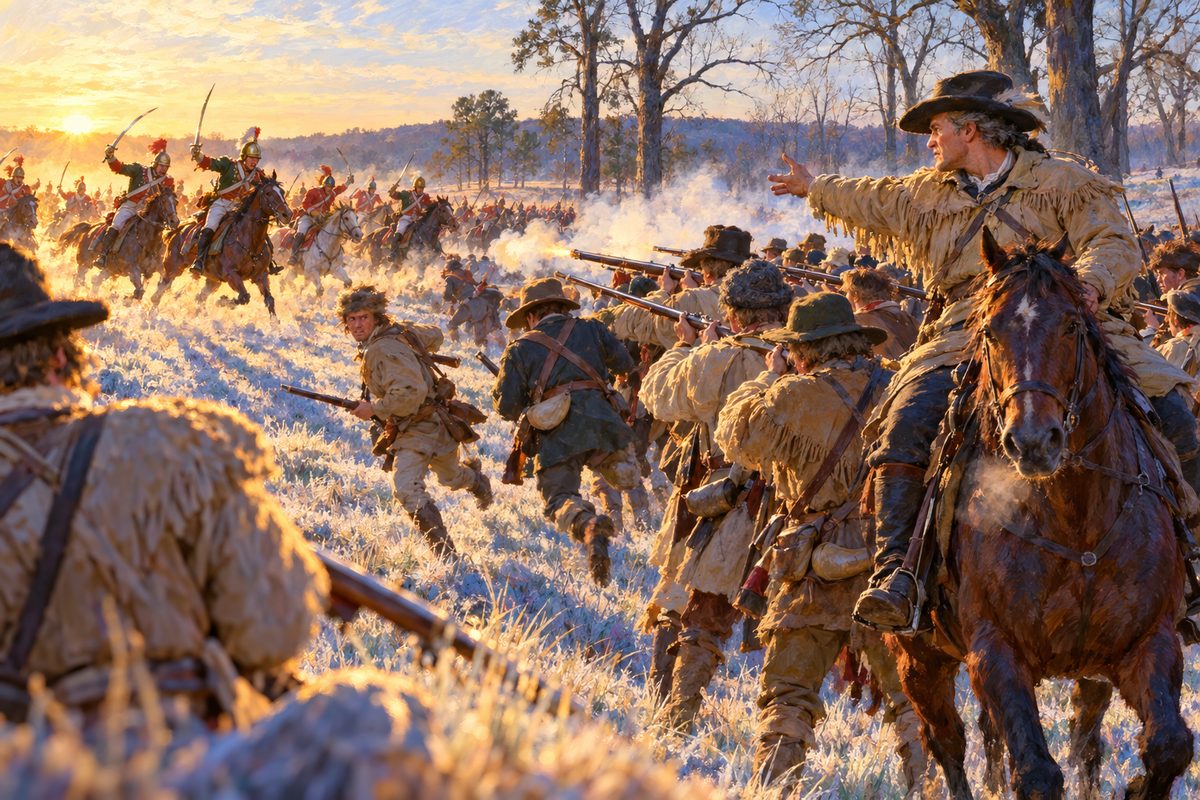 On a cold, frosty meadow at dawn, British dragoons with raised sabres charge from the left toward a line of frontiersmen in hunting shirts, who aim long rifles as a big mounted officer turns in the saddle to watch.