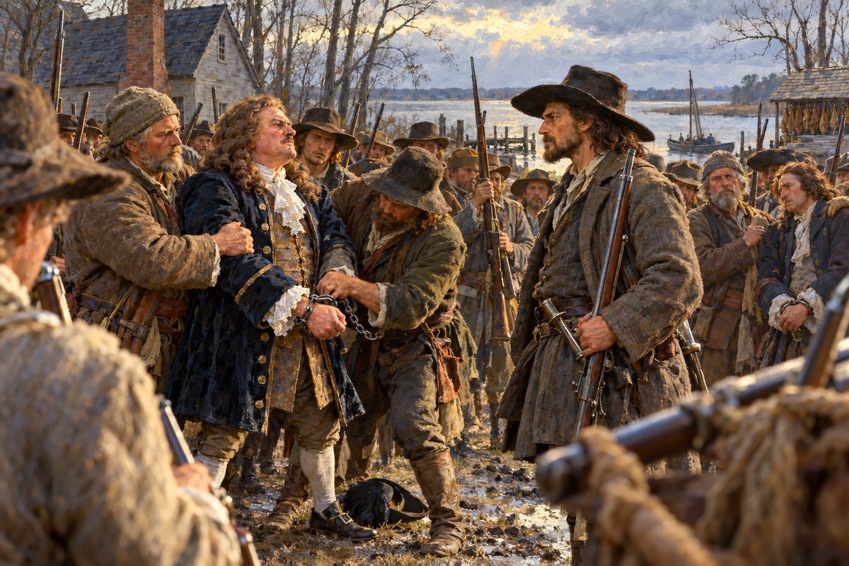 A well-dressed man in a long wig is held by the arms by rough planters as iron manacles are closed on his wrists, while a weathered man in a broad hat watches him and armed men crowd the yard of a wooden house beside a wide river.