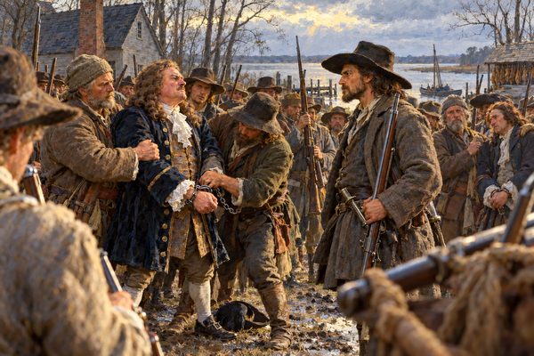 A well-dressed man in a long wig is held by the arms by rough planters as iron manacles are closed on his wrists, while a weathered man in a broad hat watches him and armed men crowd the yard of a wooden house beside a wide river.