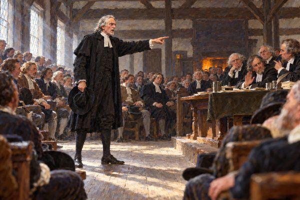 A tall old man in black stands alone on a plank floor, arm outstretched, speaking to rows of seated men in dark coats in a plain timber room lit by small grey windows; some wave him down and some glare.