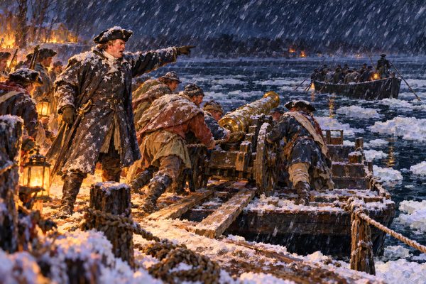 In falling snow at night, a huge officer shouts and points across a river as men heave a brass field gun up planks onto a ferry scow, while a dark boat of soldiers moves off into floating ice.