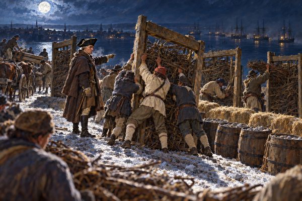 On a frozen hilltop under a bright moon a general points as workmen heave a heavy timber frame upright beside others packed with brush, with hay bales and barrels at the edge and a dark harbor and town beyond.