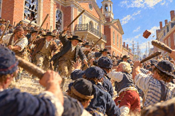 Before a brick Court House in a sunlit street, broad-hatted Quakers and German farmers come down the steps with staves raised, driving back sailors in short jackets and knitted caps who swing clubs and give ground.