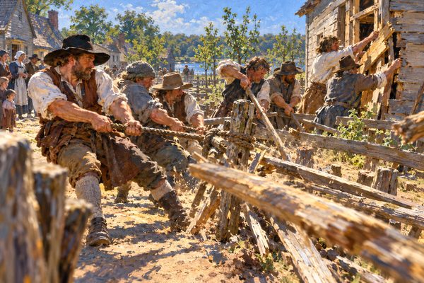 In a sunlit dirt lane, eight townsmen in plain wool and broad hats haul on a rope and pry with poles, tearing a split-rail fence apart as rails fly, while two rip boards from a new house behind.