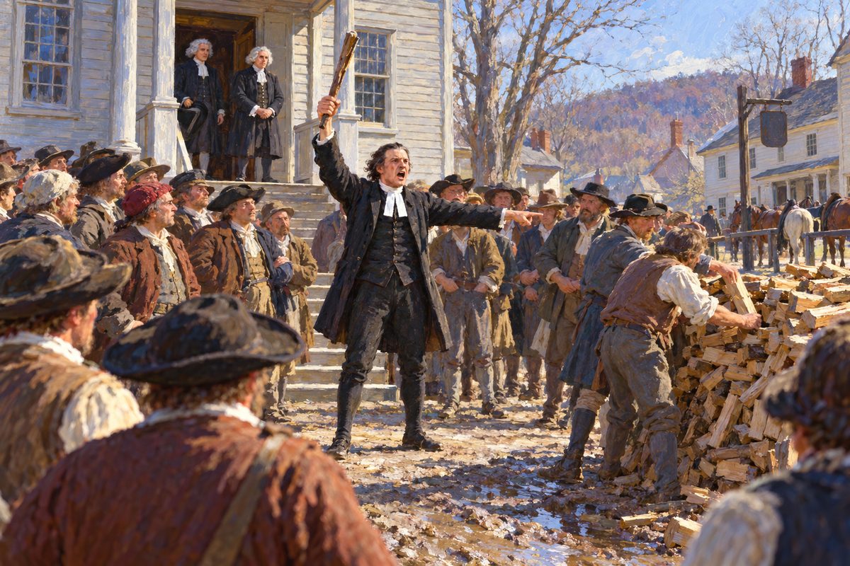 Before a plain wooden courthouse, a hatless man in a dark coat holds a stick high and points at a woodpile, while farmers in homespun crowd round him and two men in grey wigs watch from the open doorway.