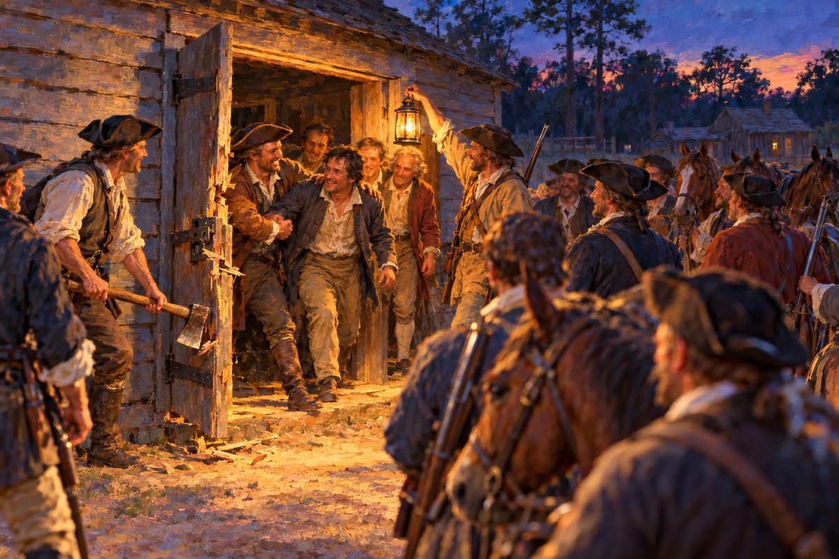 At dusk, armed men in good coats and boots split open the heavy door of a small timber jail by lantern light while four freed prisoners step out; horses stand behind the ring of men.
