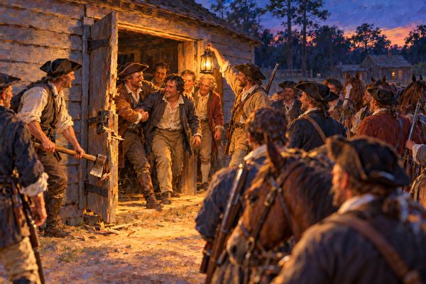 At dusk, armed men in good coats and boots split open the heavy door of a small timber jail by lantern light while four freed prisoners step out; horses stand behind the ring of men.