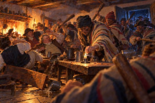 In a low, firelit taproom, men in blankets and caps with soot-smeared faces burst in with clubs on seated men at a long table, while one attacker pinches out the last candle.