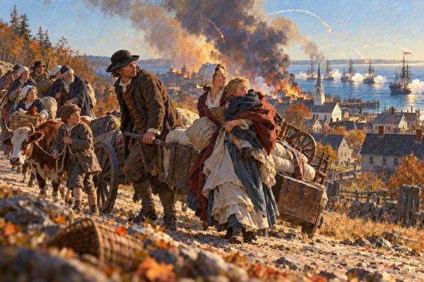 On a country road a woman carrying a child looks back over her shoulder as families with a handcart and a cow hurry away, while warships fire at a burning wooden town beside the harbor below.