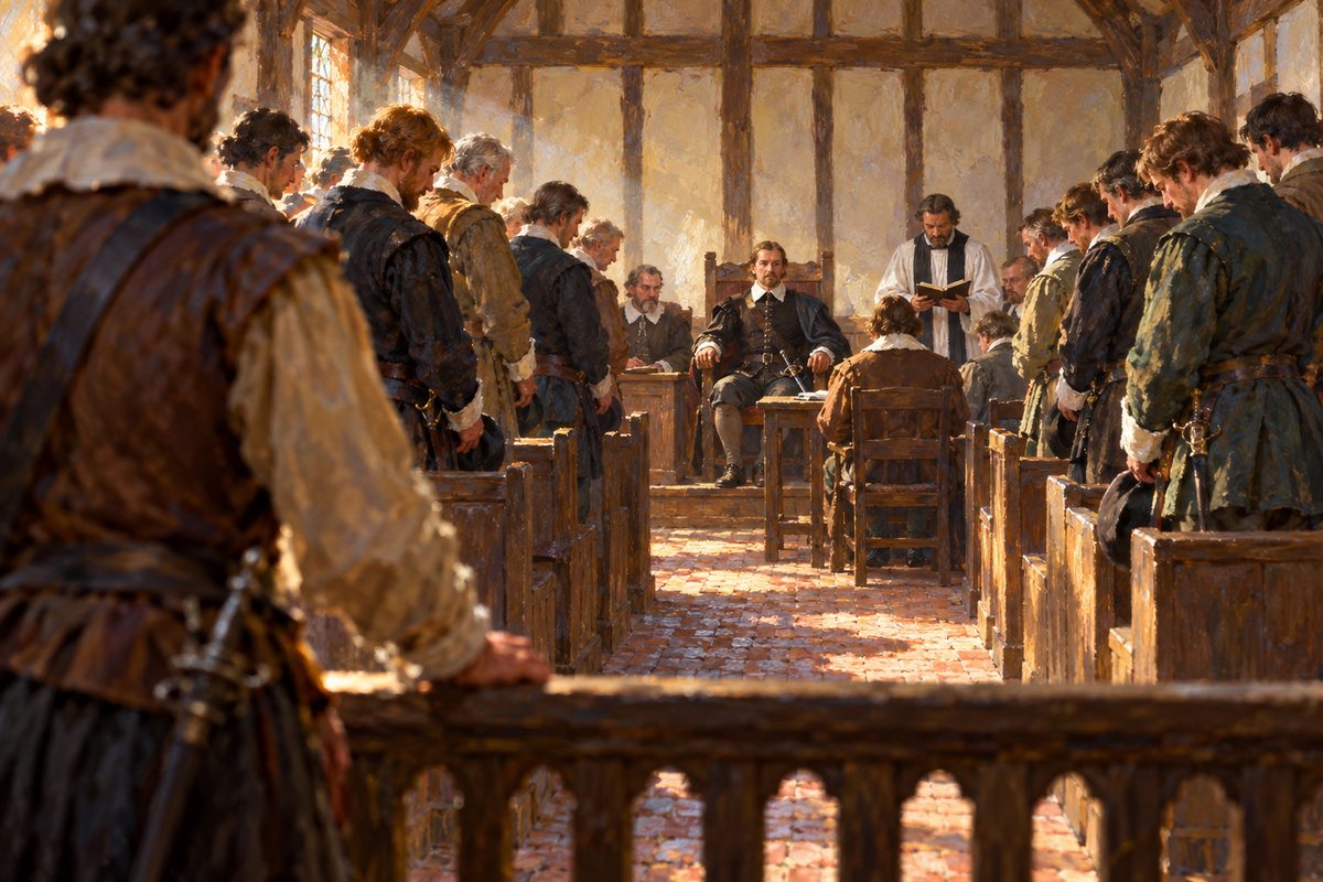 Men in dark doublets and white collars stand bareheaded in wooden pews inside a small timber church, heads bowed, while a seated man at the far end faces a minister in a white surplice, daylight slanting through small windows.