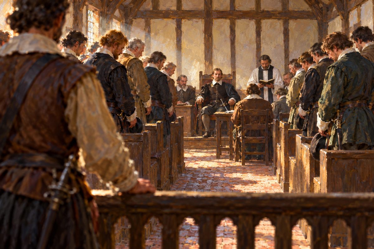 Men in dark doublets and white collars stand bareheaded in wooden pews inside a small timber church, heads bowed, while a seated man at the far end faces a minister in a white surplice, daylight slanting through small windows.