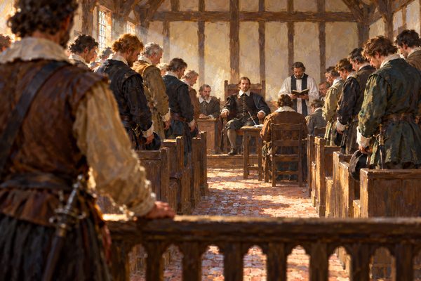 Men in dark doublets and white collars stand bareheaded in wooden pews inside a small timber church, heads bowed, while a seated man at the far end faces a minister in a white surplice, daylight slanting through small windows.
