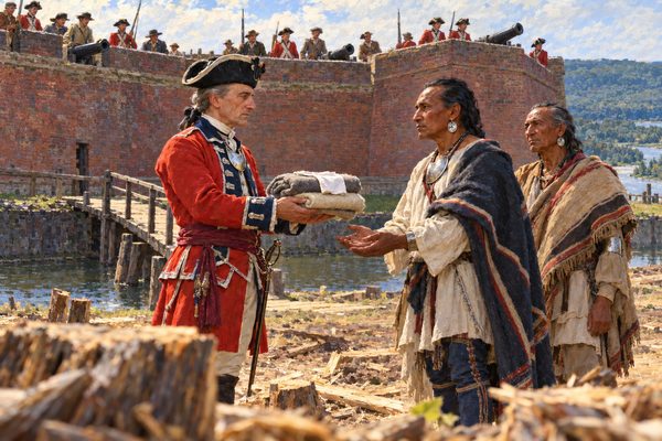 Before a brick-faced fort under a summer sky, a scarlet-coated officer holds out folded blankets in both hands to a Delaware man in a blanket and silver gorget, a second Delaware man beside him, soldiers watching from the rampart.